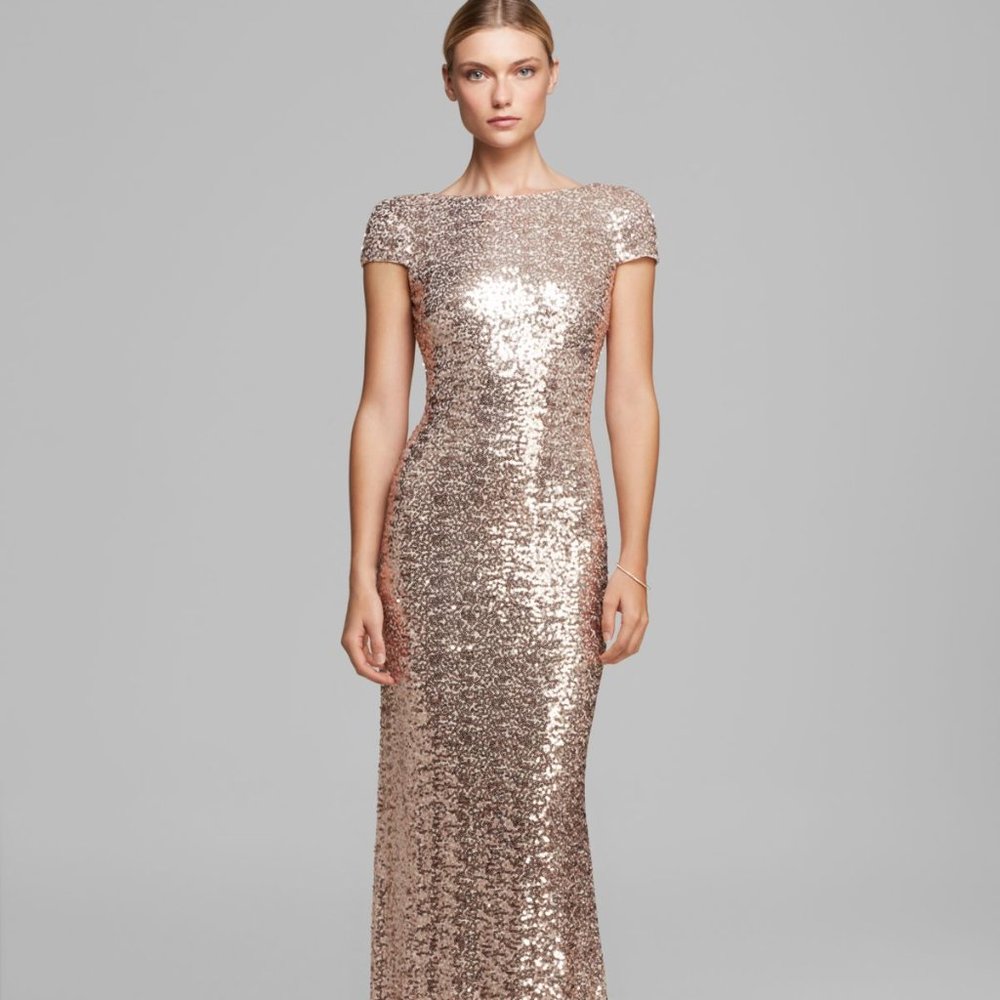 Badgley Mischka Cap-sleeve Sequin Cowl Back Gown in Blush sz 4